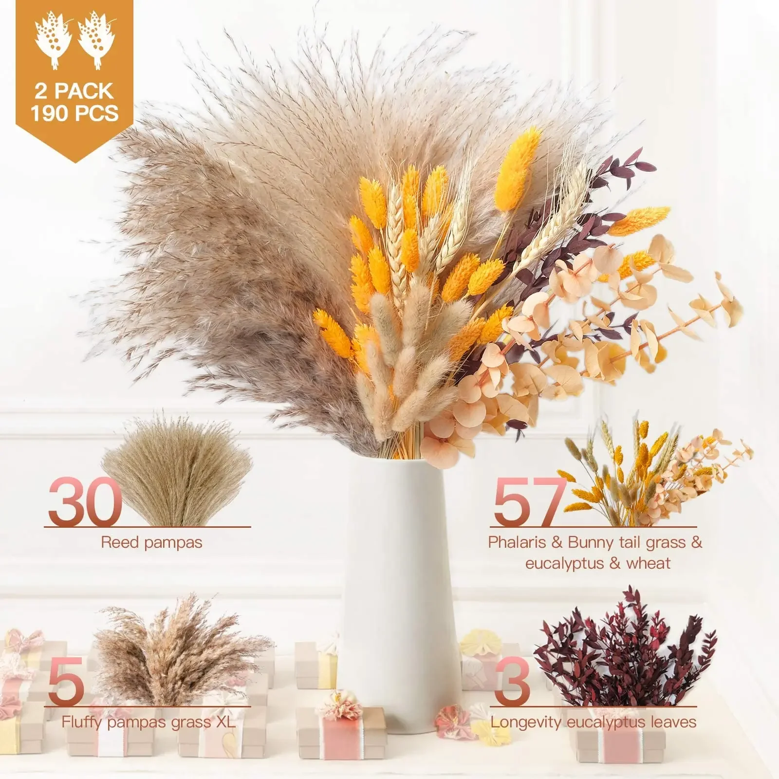 

Boho 95Pcs 17" Orange Pampas Grass Fluffy Dried Flowers Bouquet Fall Home Decor Autumn Centerpiece Dry Floral Arrangements