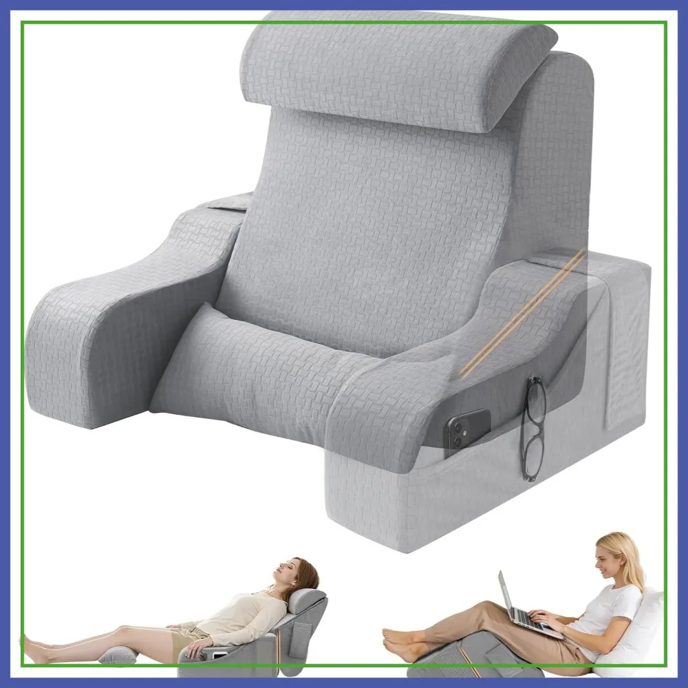 

2-in-1 Foldable Reading Pillow for Bed, Ergonomic Back Support with Arms, 19" Grey, 5-Piece Set