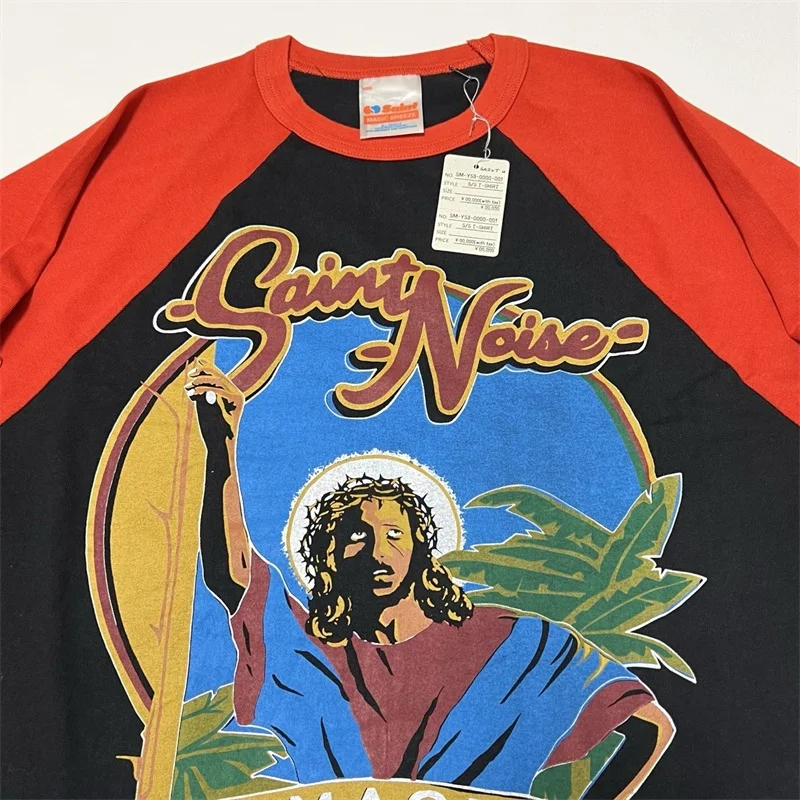 Jesus Bull Horn Color Match SAINT MICHAEL Patchwork T-Shirts Men Women Best Quality Vintage Oversized T Shirt