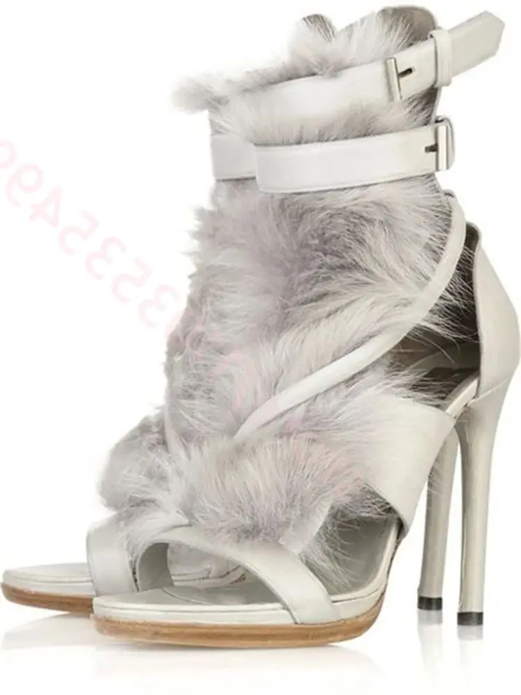 

New Fashion Belt Buckle Soft Fur Short Boots 2025 Elegant Ladies Party Casual Stilettos Street Catwalk Furry Buckle Open Sandals