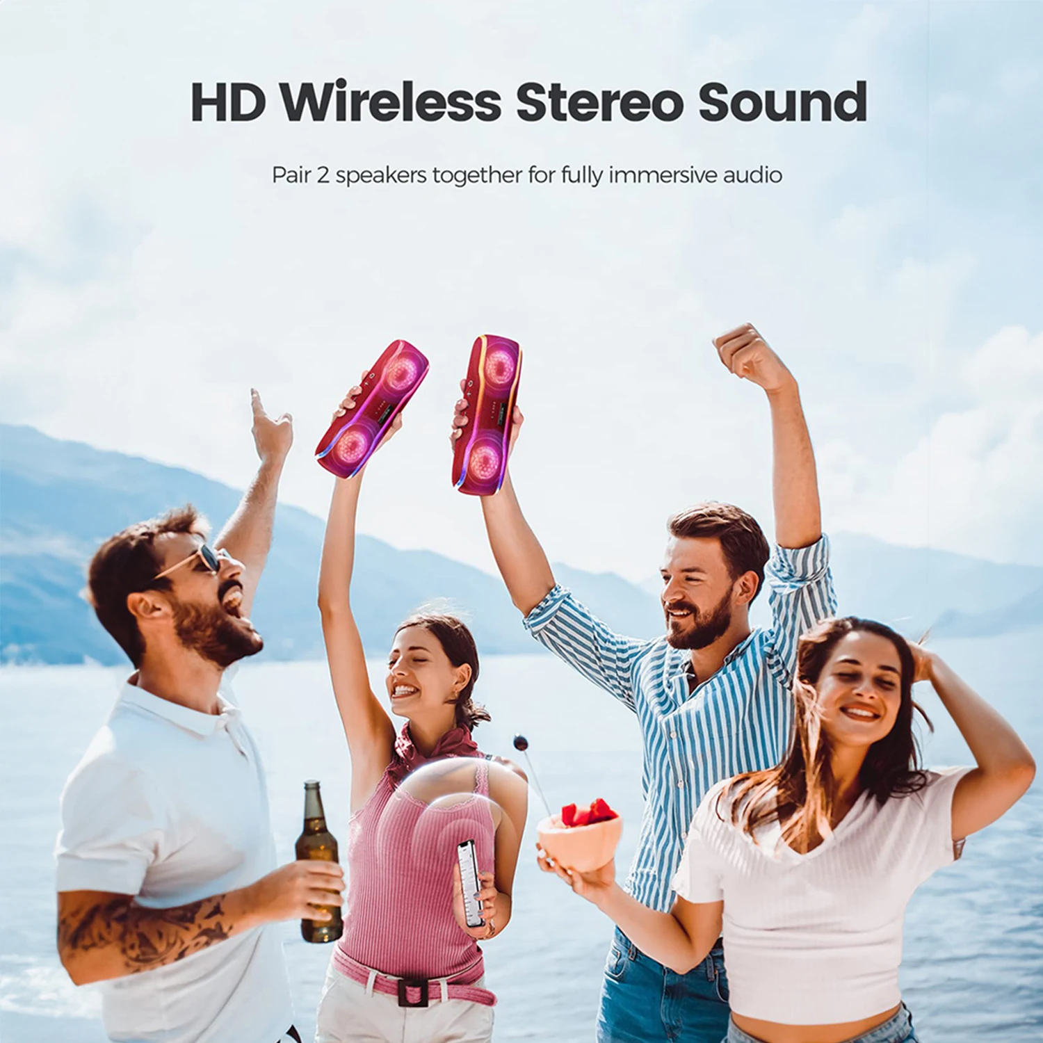 WISETIGER F10C سمّاعات بلوتوث لاسلكي IPX7 مكبر صوت مقاوم للماء صندوق الصوت في الهواء الطلق BT5.3 RGB ضوء ستيريو مكبر الصوت المحيطي