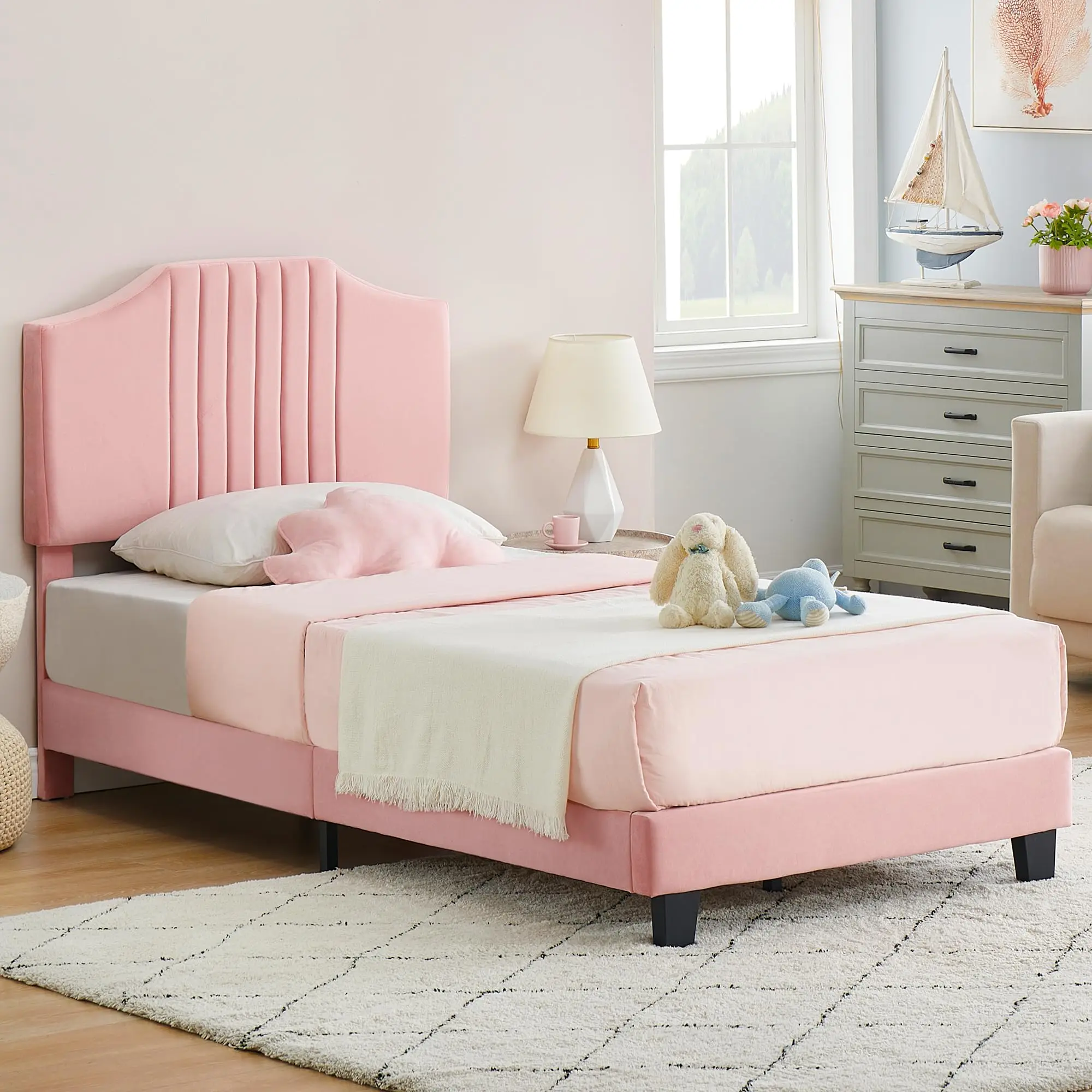 IDEALHOUSE Twin Bed Frame Upholstered Platform with Headboard, Strong Frame and Wooden Slats Support, Velvet Fabric Wrap