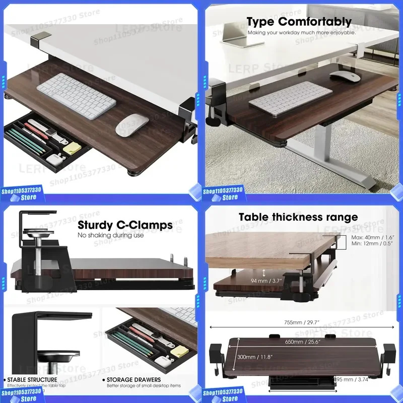 C Type Clip On Sliding Keyboard Mouse Tray Under Desk Mount Pull Out Drawer For Computer Typing Office Workspace Organizer