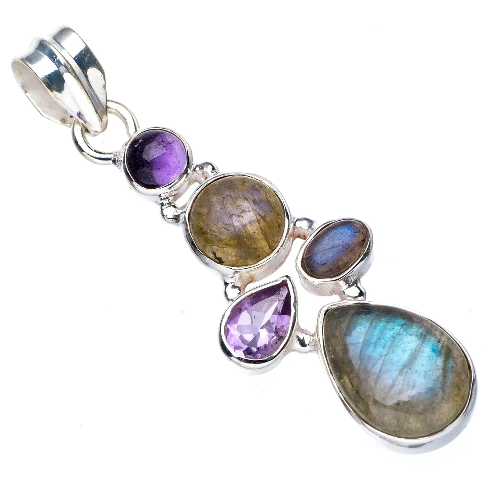 

StarGems® Natural Blue Fire Labradorite Amethyst Handmade 925 Sterling Silver Pendant 2" E3785