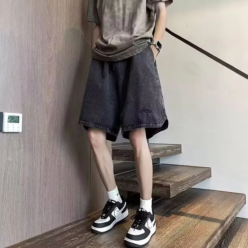 

Американские потертые джинсовые шорты в стиле ретро, модные брендовые повседневные свободные брюки «пять четвертей», мужские летние дышащие брюки с вышивкой