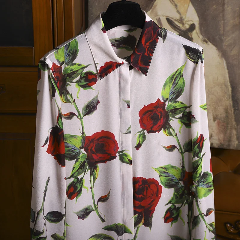 FANIECES 4XL-S Women Shirt Vintage Red Rose Flower Print Blouses Spring Long Sleeve Lapel Chiffon Shirts Office Ladies Workwear
