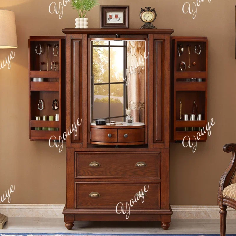 Q American solid wood retro jewelry cabinet integrated bedroom multi-functional cosmetics dressing with mirror storage cabinet