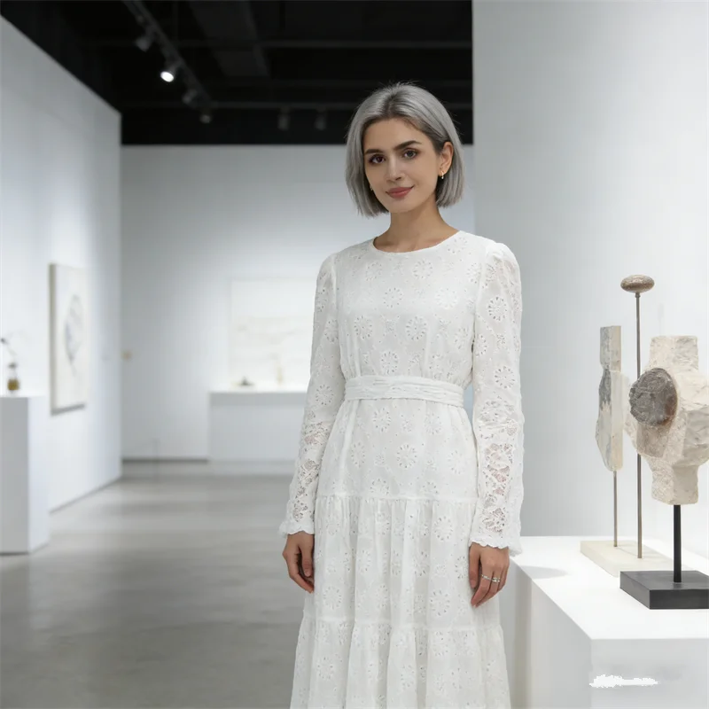 

Элегантное белое платье с вышивкой для женщин, мусульманское, с поясом, ажурное, для вечеринок, Дубайская абайя, турецкий кафтан, праздничное платье на Ид, исламская одежда