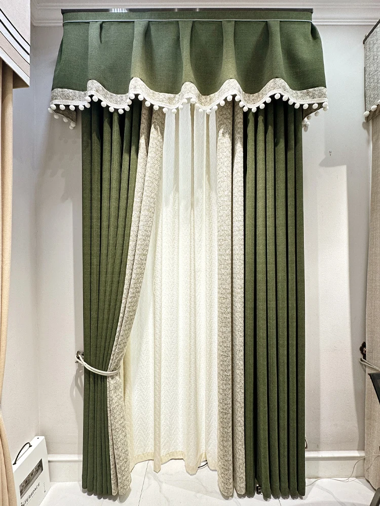 

Custom curtainAmerican Chenille dark green bedroom shading high-grade cloth blackout curtain tulle valance drape C1533