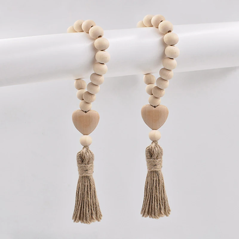 1Pc 28cm Log Color Wood Bead Garland Rustic Wall Hanging Hemp Rope Tassel Beaded with Heart Knot Woven Pendant Home Decoration