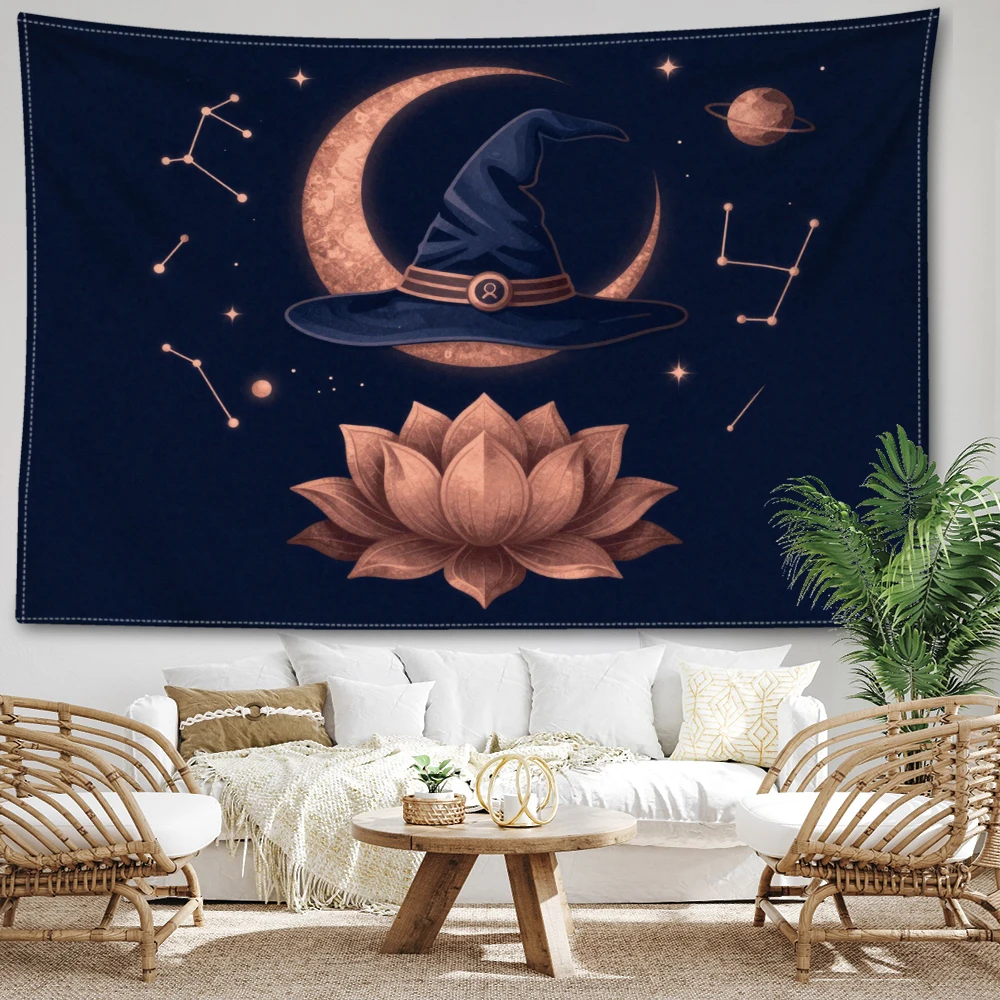 Navy Blue Halloween Star Moon Constellation Lotus Printed Tapestry Wall Hanging Bohemian Style Bedroom Home Decor