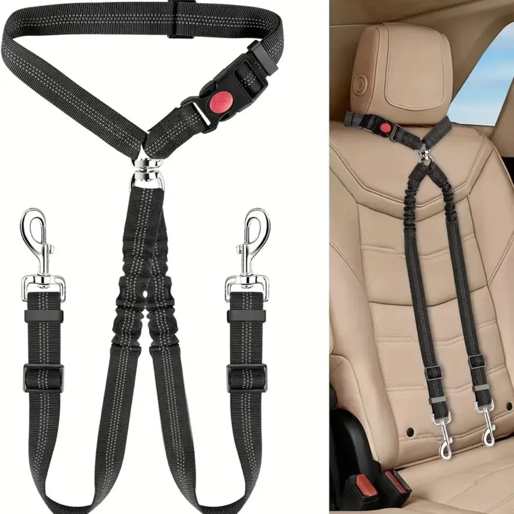 Double Dog Seat Belt Durable Nylon Dual Dog Car Seat Belt with Elastic Bungee and Headrest Restraint Safe Comfortable for Travel