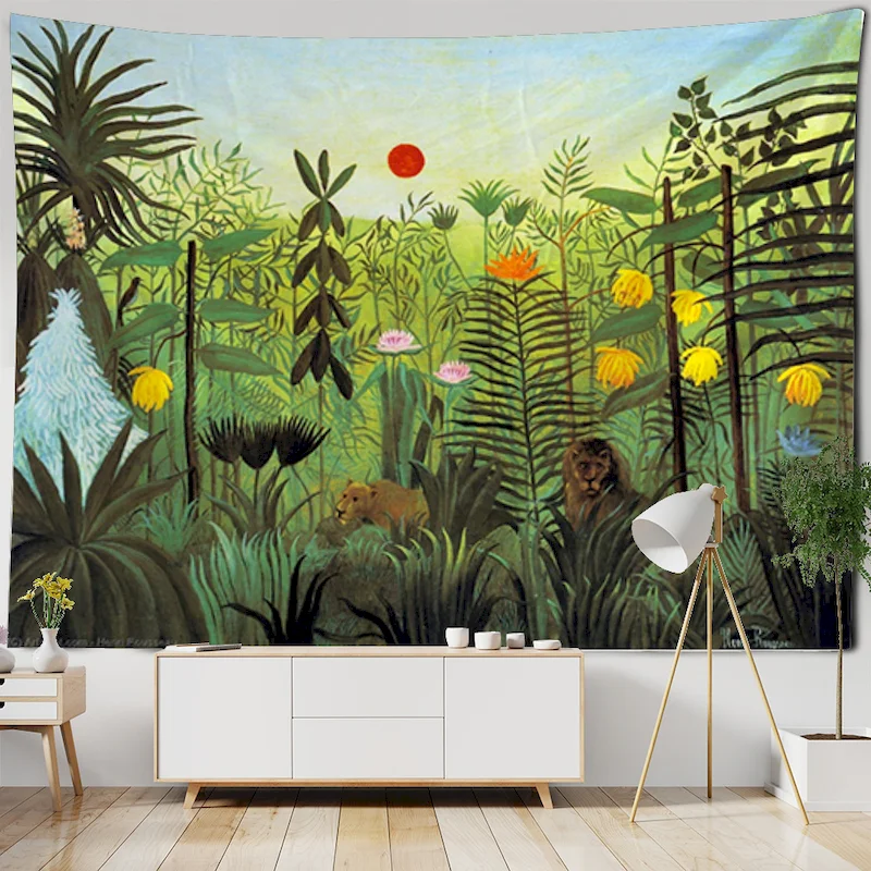 VIKAMA Jungle Lion Art Tapestry Tropical Rainforest Wall Hanging Retro Bedroom Living Room Background Cloth Home Wall Decoration