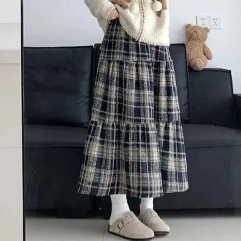 Tweed Plaid Skirt Women Sweet Gentle Fall Winter High Waist Cake Skirt Harajuku Y2K Vintage Skinny A-Line Pretty Style Dress