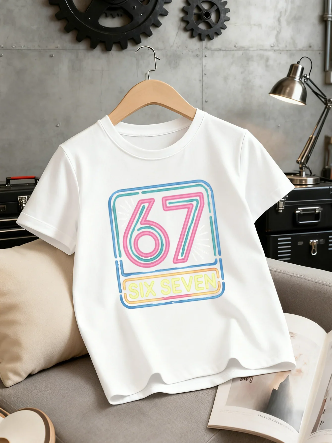 Bright Red Kids Short Sleeve Tee Neon Square Frame Number 67 Six Seven Colorful Line Graphic Casual Boys Girls Daily Top