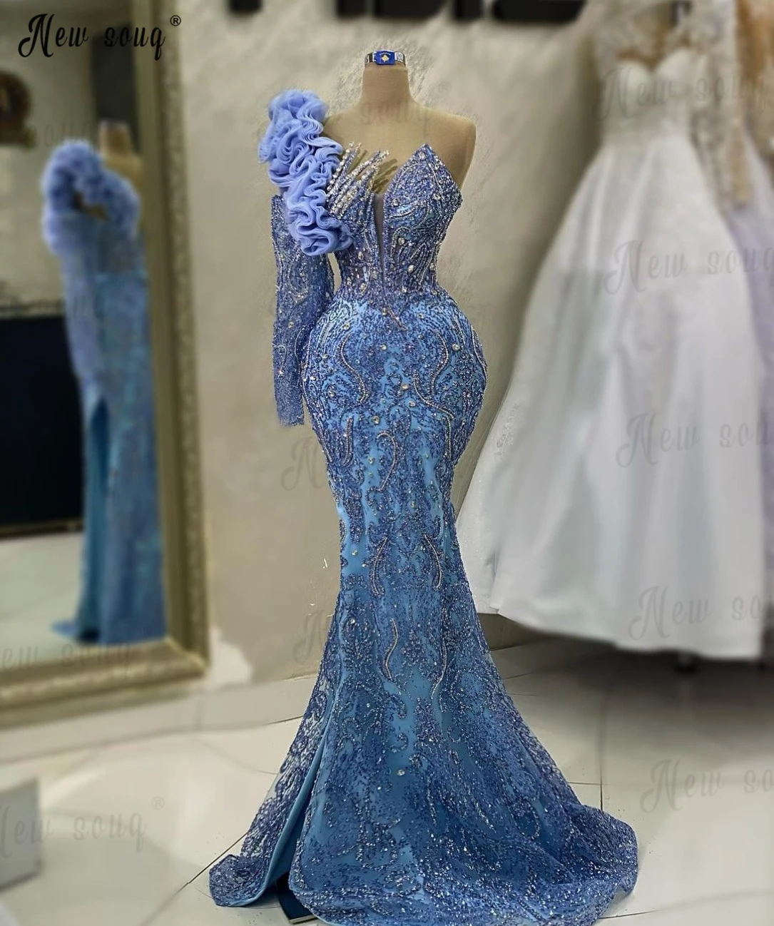 Vestido de noite azul de um ombro feminino, personalizado, miçanga brilhante, sereia, roupa de jantar, árabe, casamento, luxo