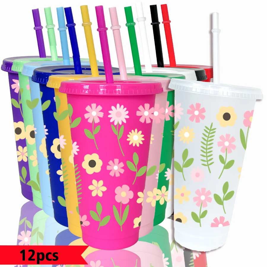 12pcs/pack flowers leaves stems pattern 26oz colored plastic party cold cups for back-to-school birthday gifts