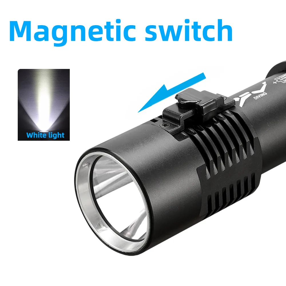 Diving Flashlight P70 LED 3000LM Yellow Light Magnetic Control SwitchProfessional Diving Light 18650/26650 Battery