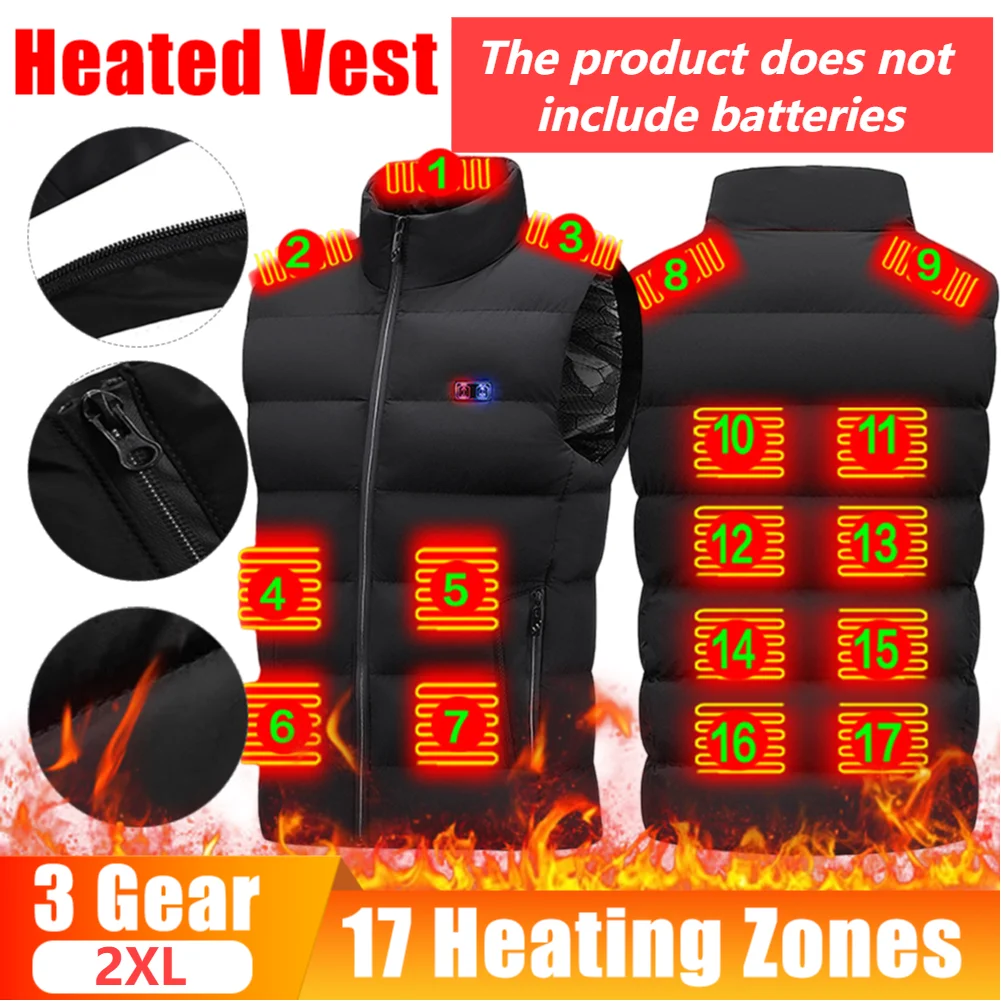 

(Без батареи) 17-зонный жилет с подогревом, женский и мужской жилет с подогревом через USB, термокуртка, зимняя теплая одежда с подогревом, пальто без рукавов, жилет