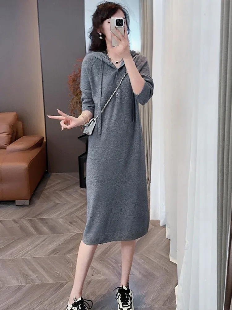 Faionable tricoté à capuche Dr femmes ample longue Sve Dres décontracté Sle Stand Fit a-ligne jupes v-ne vêtements d'automne