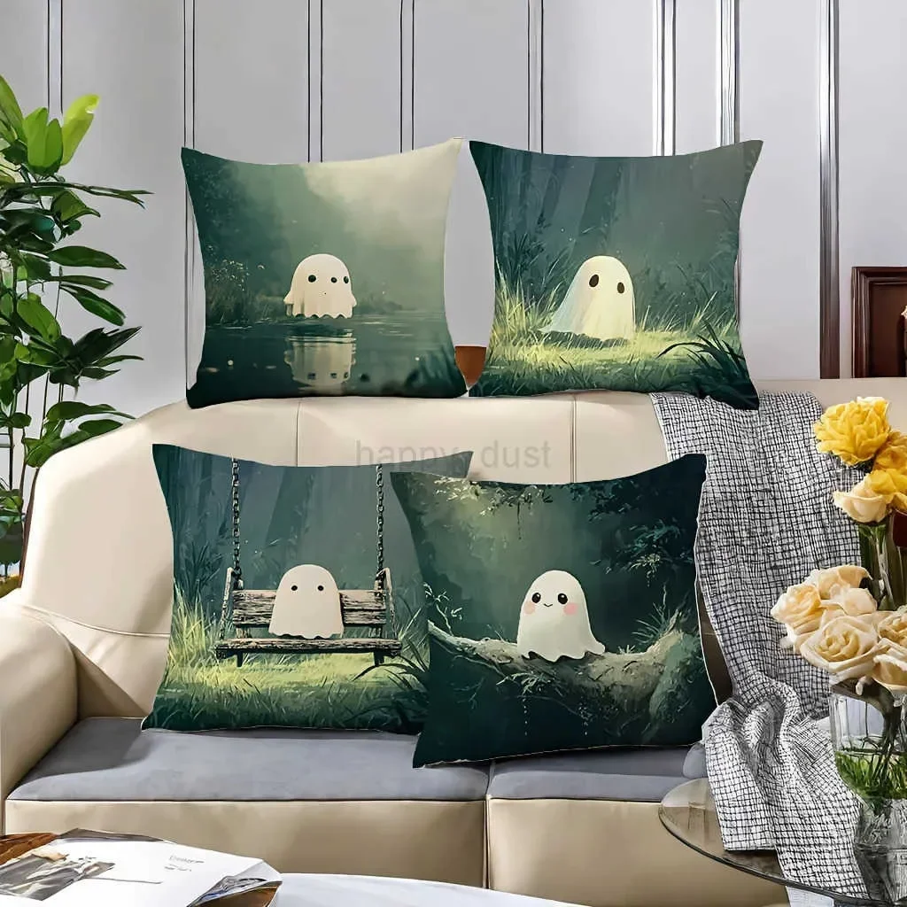 Cute Ghost Character Throw Pillow Covers for Nursery Room Decor Spooky Fun Halloween Seasonal Home Accent