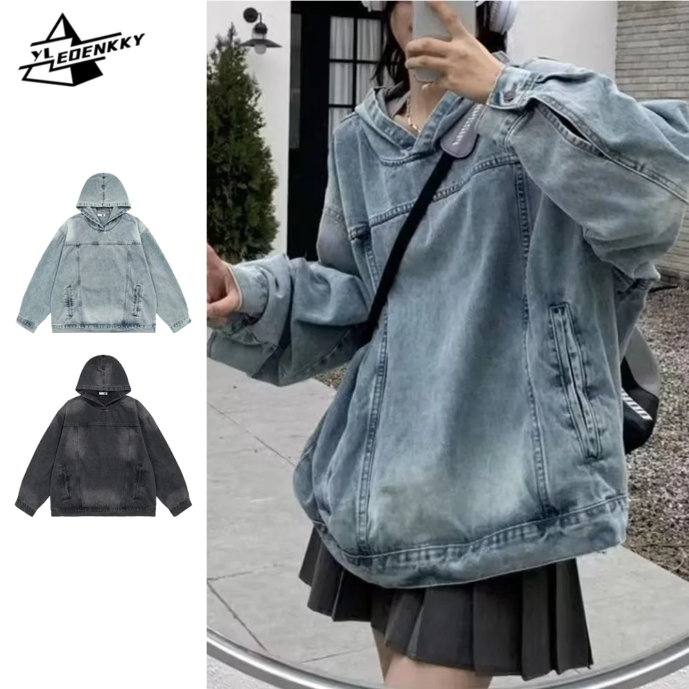 Washed Denim Sweatshirt Men Women High Street Loose Cowboy Hoodies Harajuku Vintage Casual Jacket Autumn Hip Hop Solid Color Top