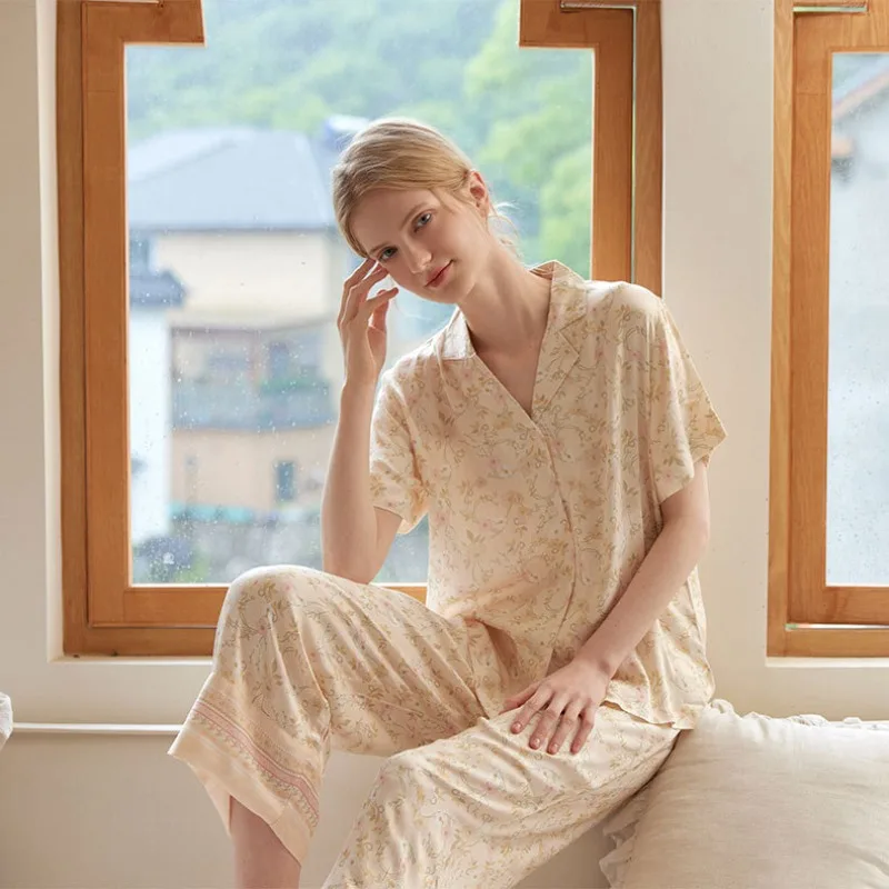 2024 Lapel Satin Elegant Floral Print Pajama Set Women Short Sleeve Long Pants Loungewear Viscose Loose and Smooth 2 Piece Sets