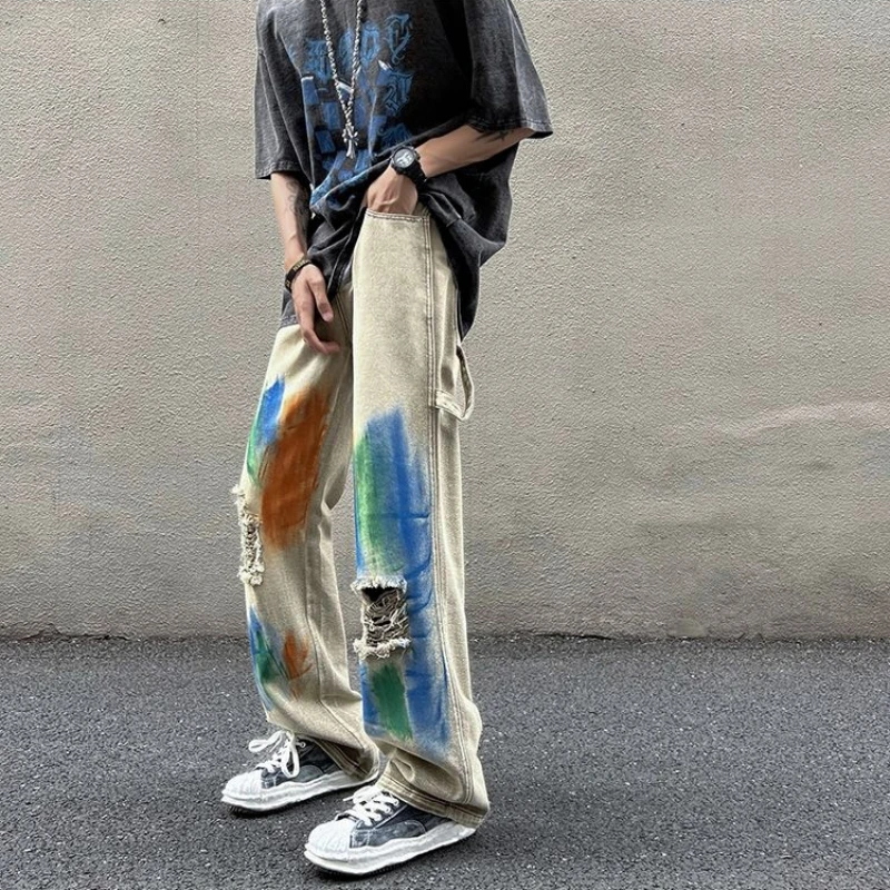 

Trousers Ripped with Holes Male Cowboy Pants Wide Leg Jeans for Men Beige Hip Hop Torn Retro Tie Dye Broken Y 2k Vintage Kpop