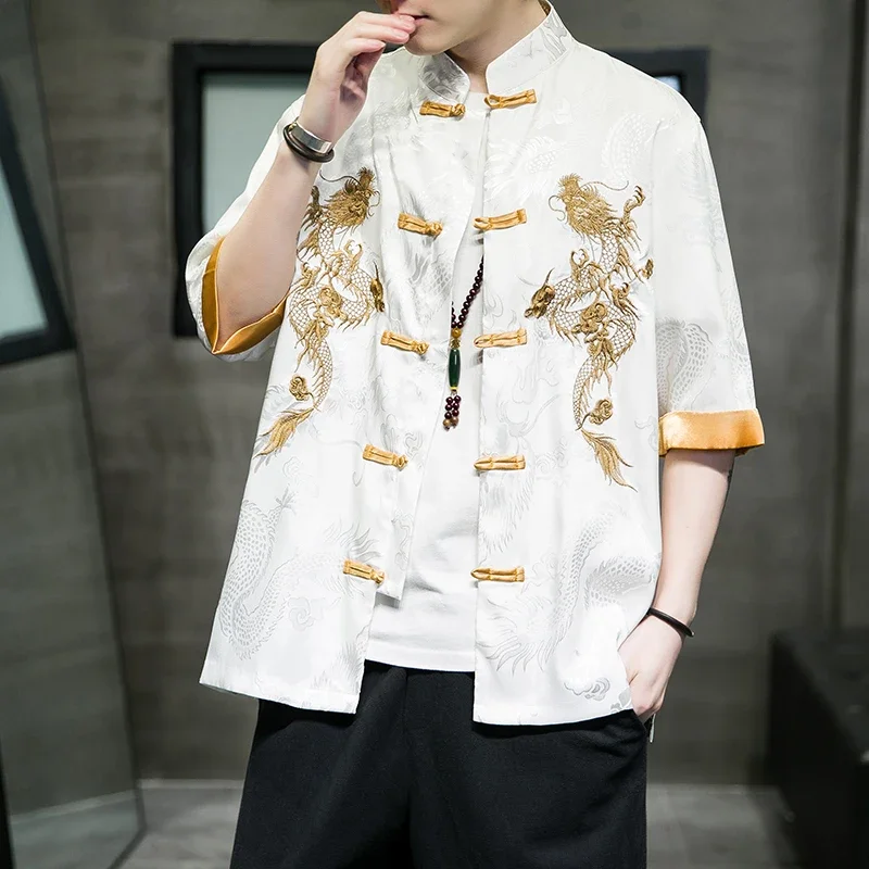 Creative Golden Dragon Embroidery Men Shirt Tang Suit Hanfu Retro Cheongsam Casual Kung Fu Top Traditional Zen Tea Cardigan Coat