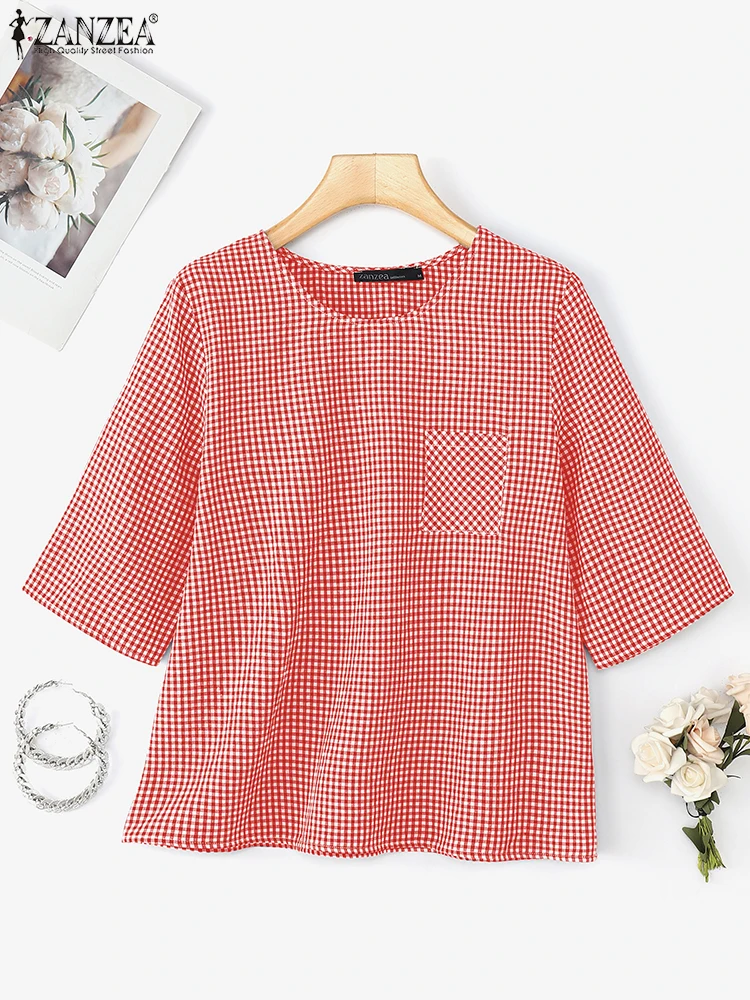 

Элегантная рабочая рубашка с коротким рукавом ZANZEA, женская клетчатая блузка с принтом, летние осенние женские топы, Mujer Femme, повседневные блузки с круглым вырезом
