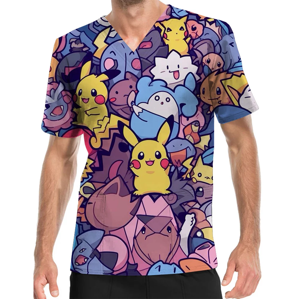 

New Men's Spring/Summer Pikachu Overalls Short Sleeve Pocket V-Neck Printed Scrub Top Dental Overalls Nurse Uniform T-Shirt