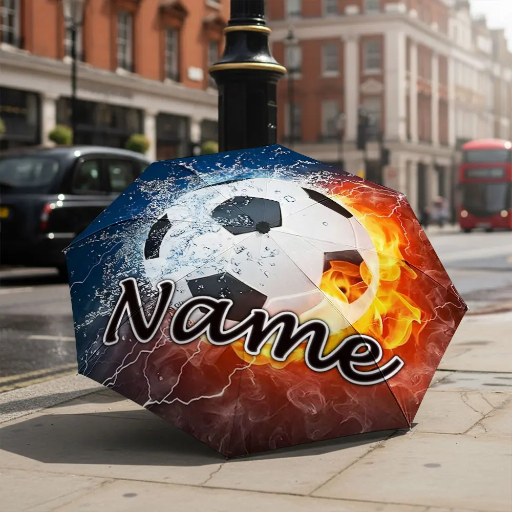 Custom Name Umbrella Soccer Ball Fire And Water Lightning Print Folding Umbrella,Portable Travel Parasol For Football Fan