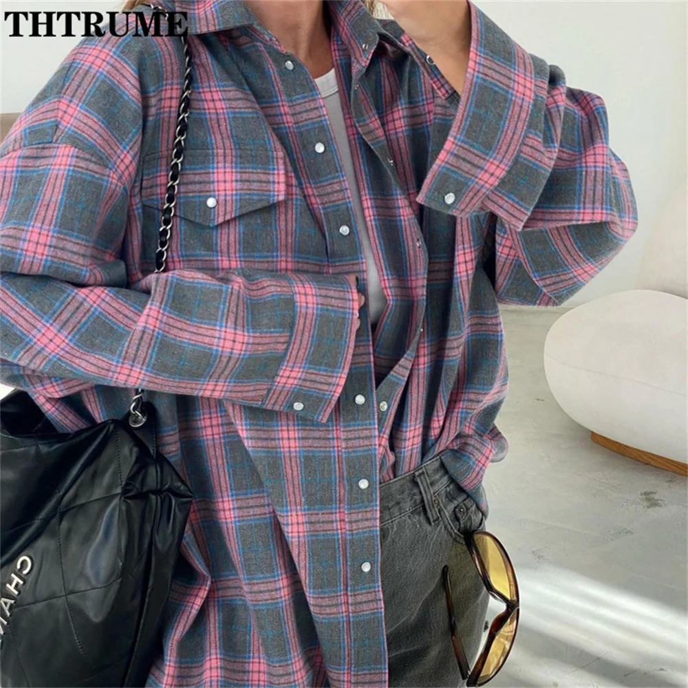 Vintage Women Y2K Shirts Fashion Long Sleeve Oversized Plaid Autumn Korean Button Shirt Streetwear Casual Korean Lapel Blouses