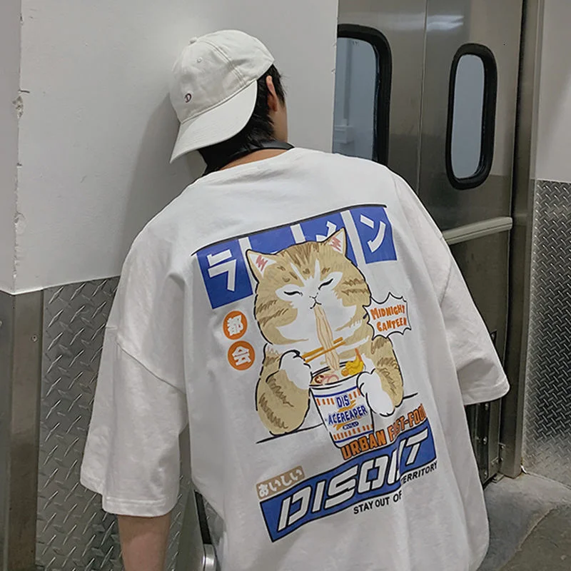 Privathinker Cat Cartoon Graphic Men Tshirt Casual Baggy Short Sleeve T-shirt Japanese Style Oversized T Shirt Men's Clothing