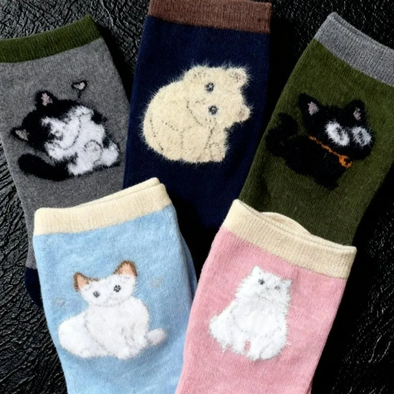 

1/5 пар женских носков с котом, носки до середины икры, милые хлопковые повседневные носки с рисунком котенка, подарочные осенне-зимние чулки