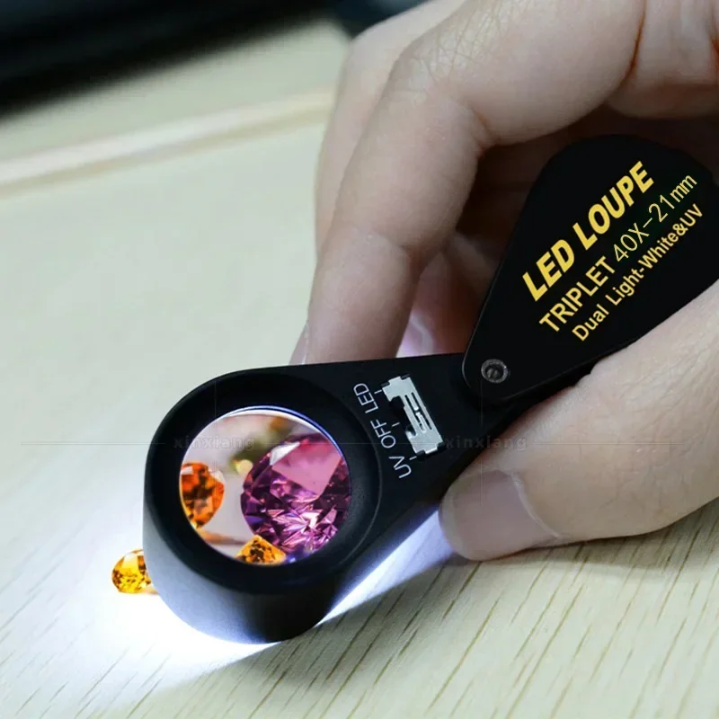 Metal 40X Jeweler Magnifier Black 6 LED Lighs Magnifying Glass Backlit Jewelry Loupe UV Lamp High-end Handheld Illuminated Lupa