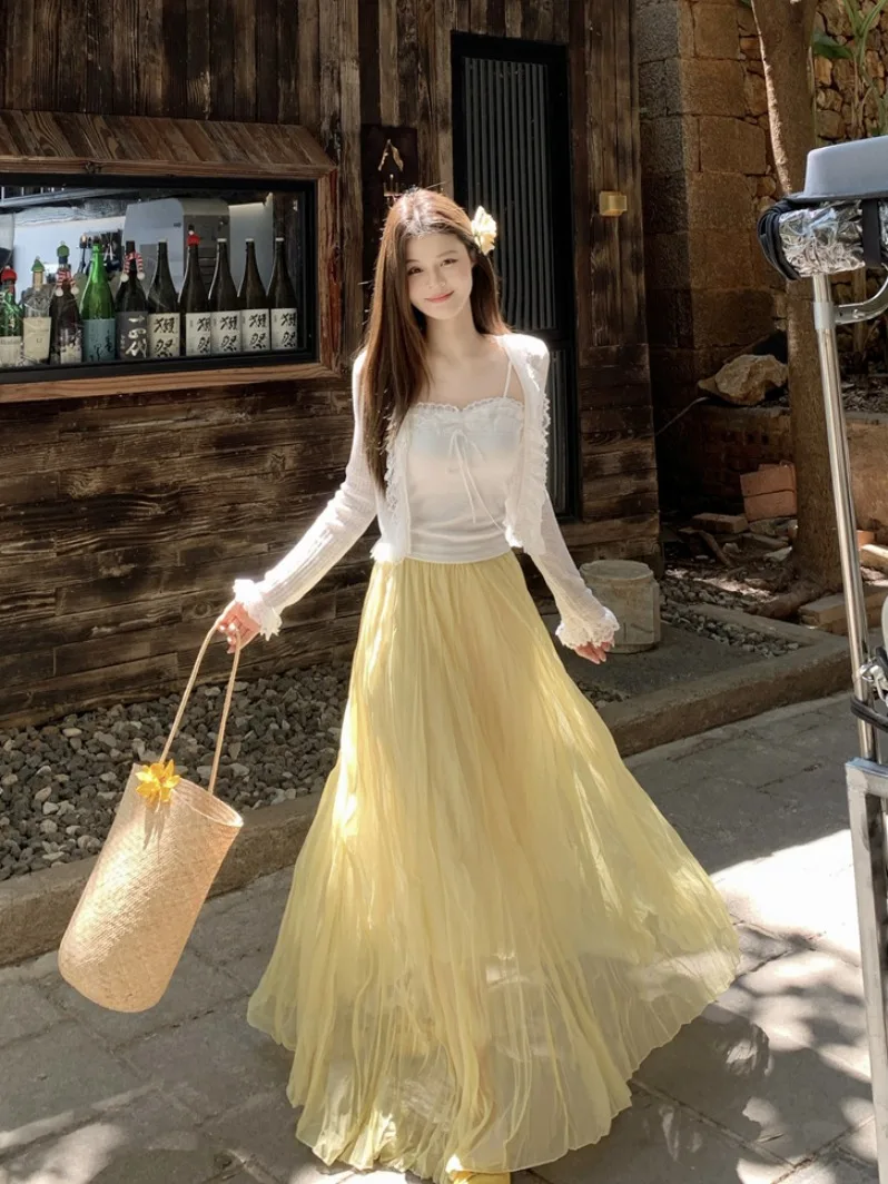 

Pure Desire Sexy Lace Splice Knitted Beach Vacation High Waist Skirt Open Cardigan Breathable Lightweight Summer Fashion...