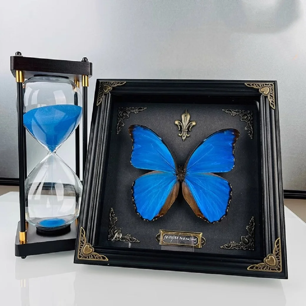 Настоящая образец бабочки, фоторамка, готовый подарок, редкая синяя сверкающая бабочка, синий орнамент