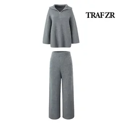 TRAF ZR Minimalistyczne zestawy z dzianiny Kobieta Dwuczęściowy Casual Elegancki jesienny styl angielski Zestawy Solidny sweter z długim rękawem