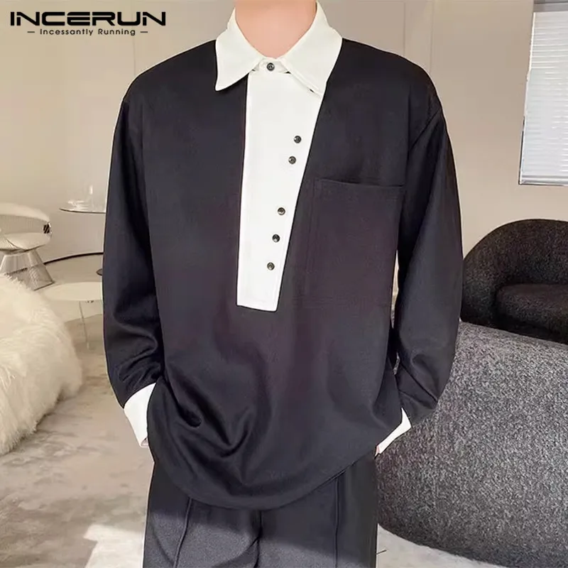 

INCERUN Tops 2024 Korean Style Men's Collar Contrasting Color Pullover Shirts Casual Personality Loose Long Sleeved Blouse S-5XL