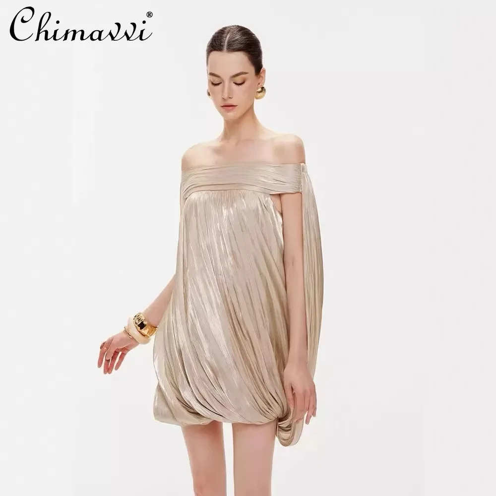 

2026 Spring French Elegant Temperament Sleeveless Off-shoulder High Waist Pleated Straight Sexy Fashion Party Short Dress Women