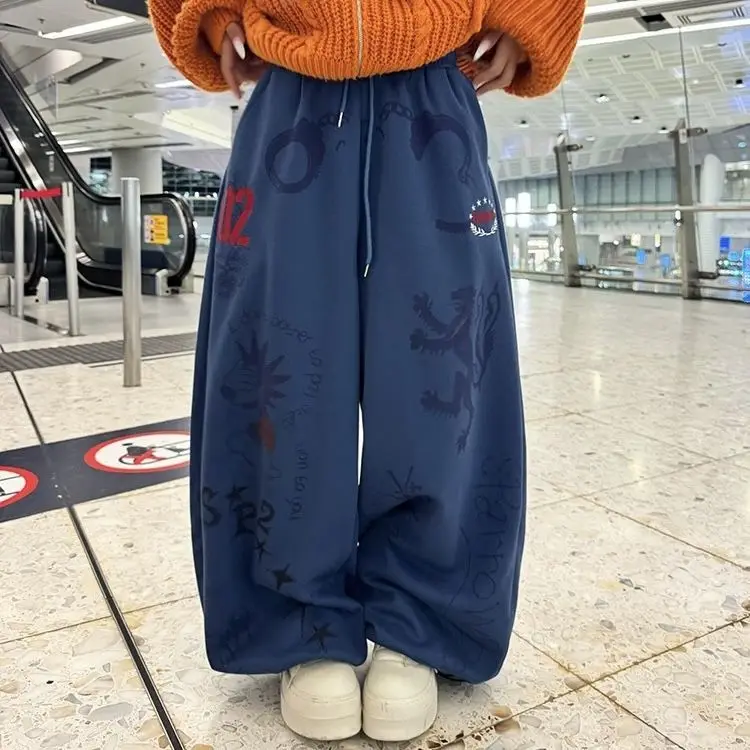 American Retro Letter Embroidery Hand-Painted Printed Sweatpants For Women, Fashionable Loose And Casual Wide Leg Pants