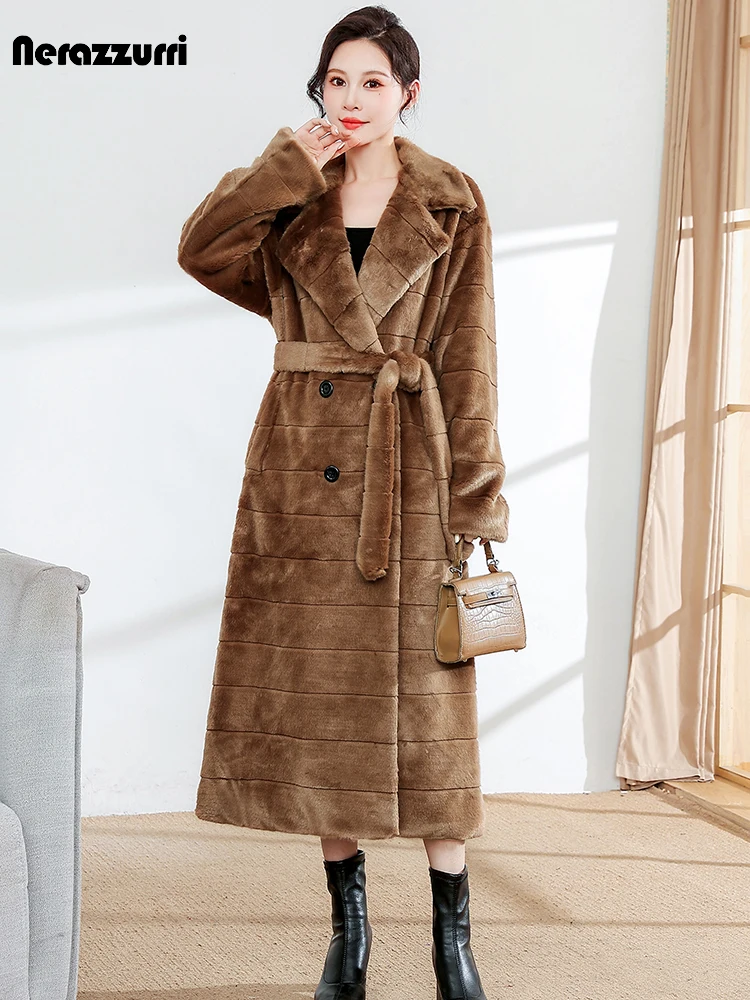 Nerazzurri Winter Long Striped Thick Warm Fluffy Faux Fur Trench Coat for Women Sashes Double Breasted Luxury Furry Overcoat