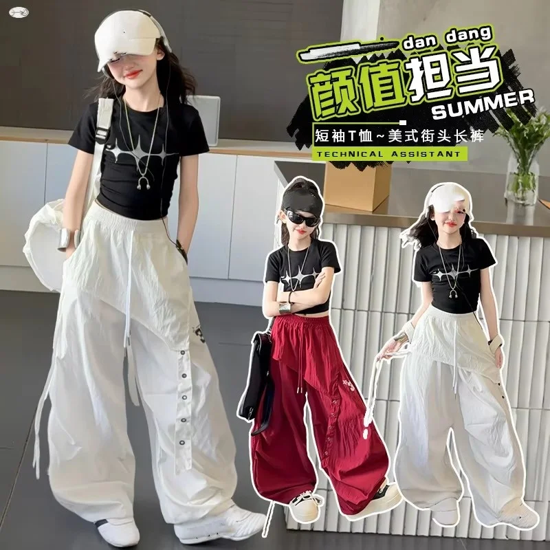 Teen Girl Hip hop Jazz Street Dance Clothes Set Cotton Bright Diamond T-shirt red Irregular Cargo Pants Junior Child Kid Outfits