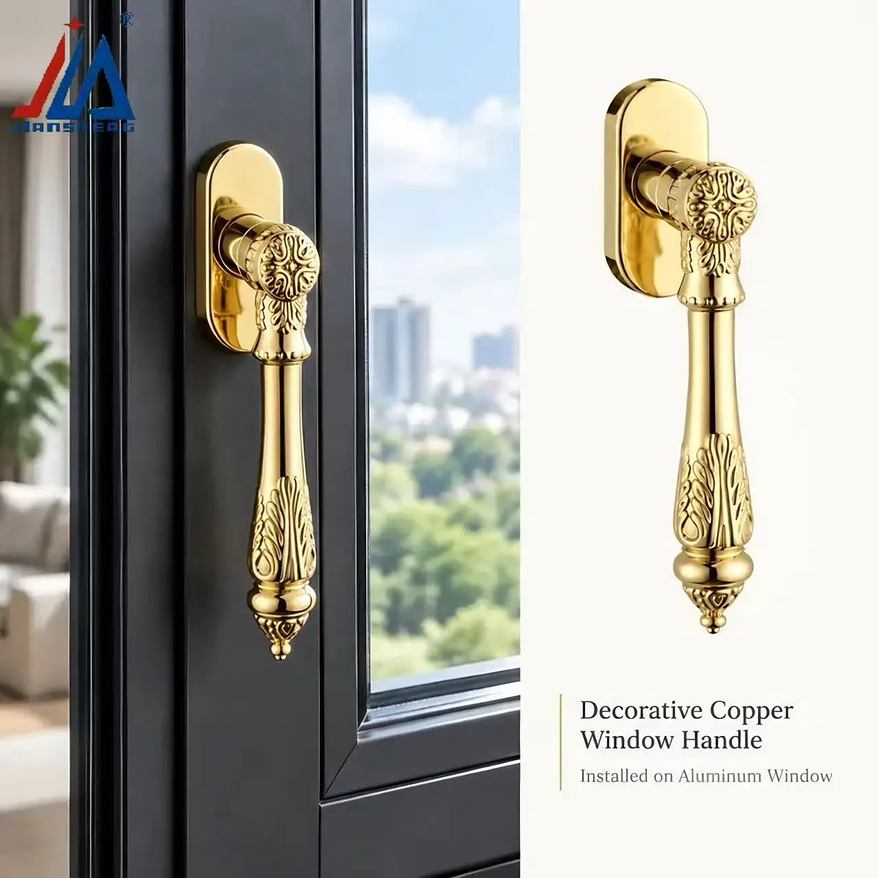 Copper Window Handle for Thermal Break Aluminum Doors and Windows, Engraved Design, Inward or Outward Opening