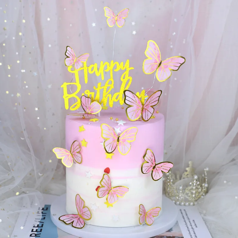 YOMDID 11/10Pcs Stamping Gold Pink Butterfly Cake Toppers Princess Girl Wedding Birthday Decor Dessert Cake Decor Butterfly