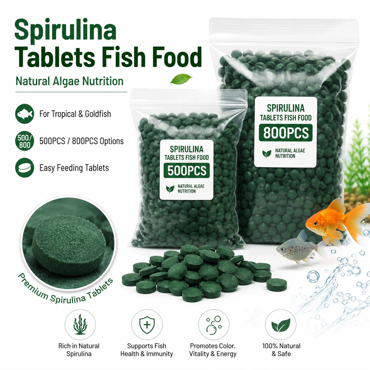 Tabletas de Espirulina de Alta Pureza, Alimento Enriquecido con Algas Espirales para Mascotas, Peces, Camarones Rojos, Alimento para Peces de Acuario