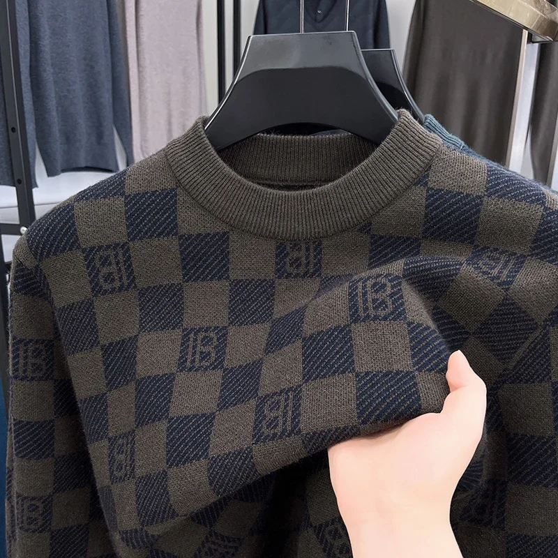 

High-end Quality Men's Knit Sweater O-Neck Plaid Letter Jacquard Pullover British Fashion Exquisite Winter Thicken Men's Wear