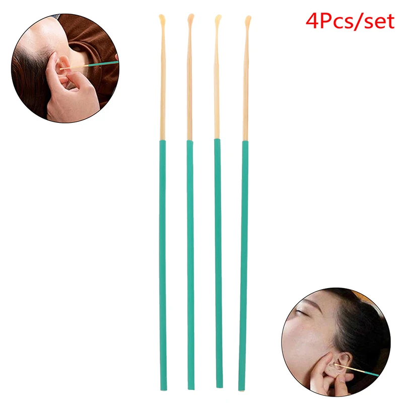 4Pcs Bamboo Wooden Ear Cleaner Spoon Anti-Skid Green Rubber Handle Earpick Earwax Removal With Soft Silicone Cover Head Ear Care