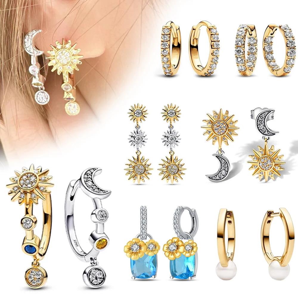 

Boutique Asymmetrical Gold Sun & 925 Sterling Silver Moon Earrings Sparkling Zircon & Pearl Hoop Earrings Women Jewelry Gift